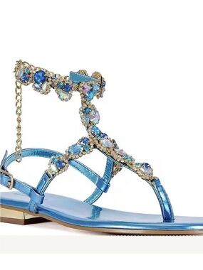 Azalea Wang Metallic Blue Crystal Embellished Women's Sandals